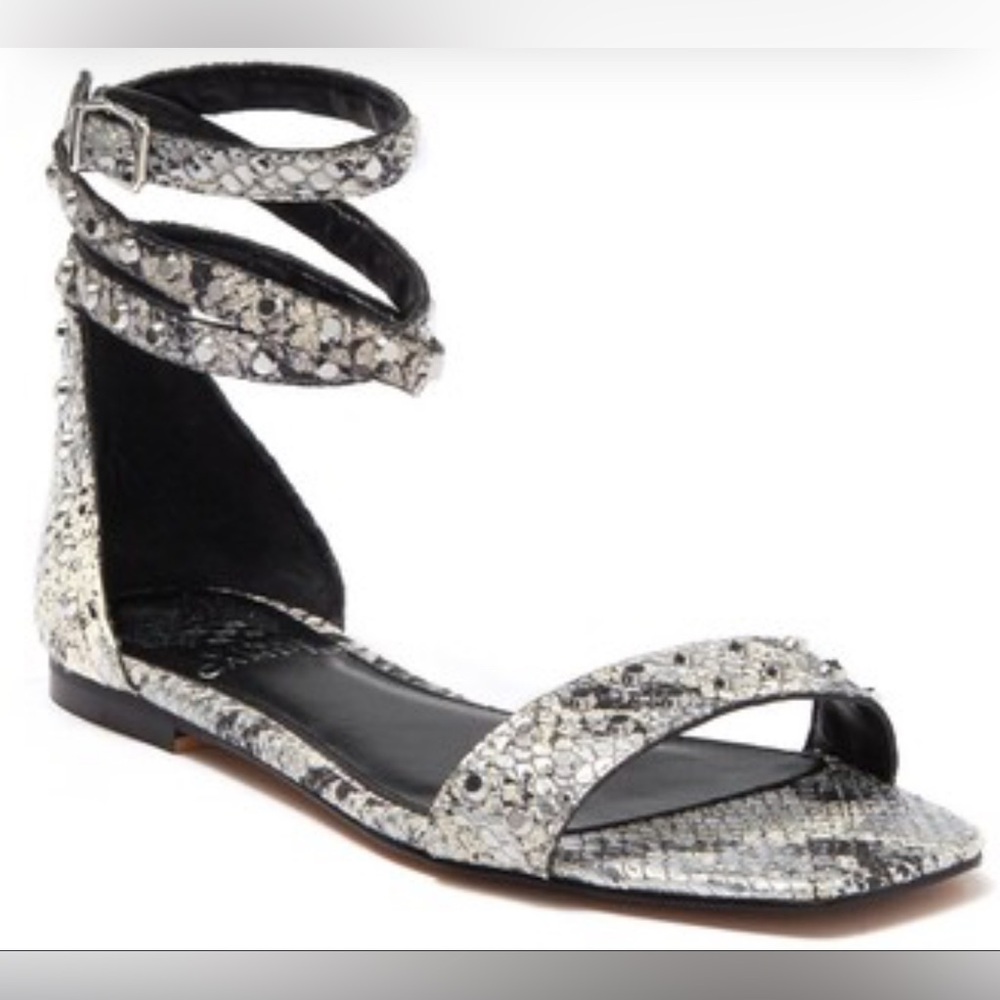 Vince Camuto Black and Cream Studded Snakeskin Patterned Sandals